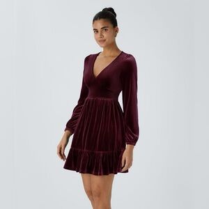 Halara - Everyday Deep V Neck Long Sleeve Ruffled Hem Velvet Mini Chill Dress